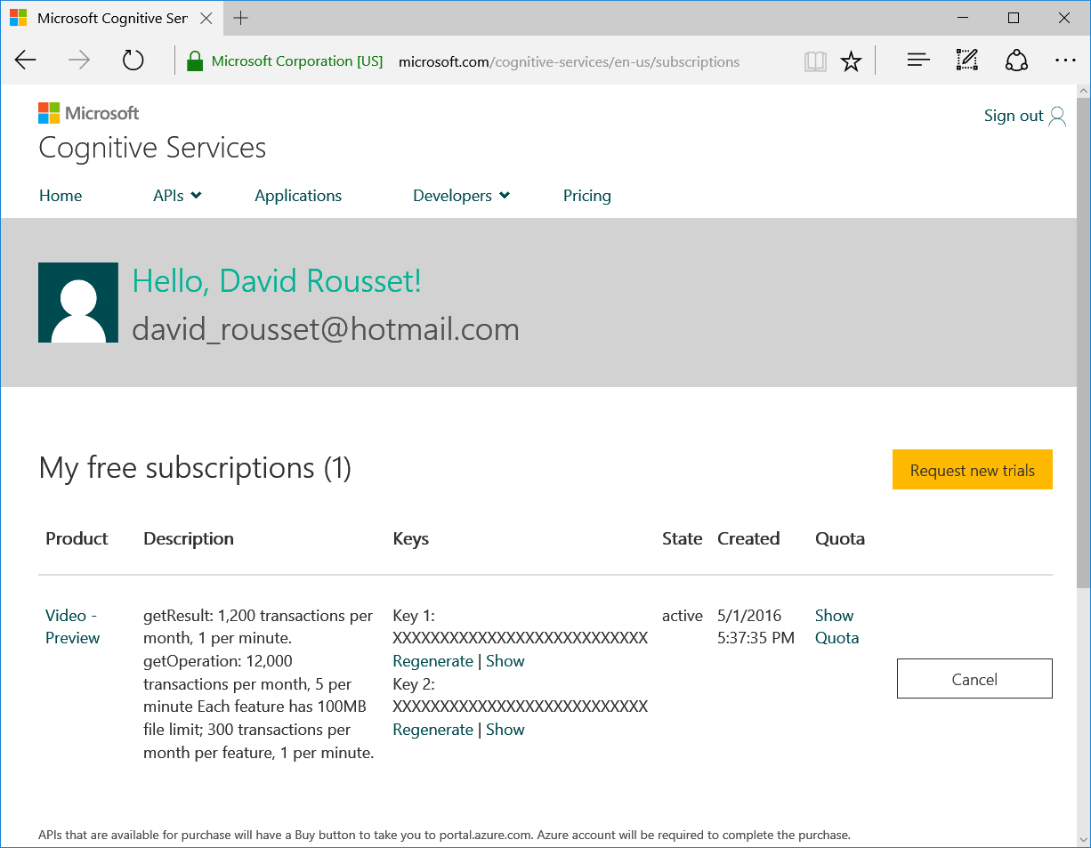 MS Cognitive Services screenshot of the registration process with private keys