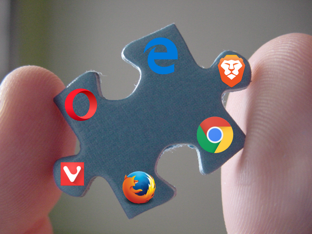Main logo of the article. A puzzle piece, symbolizing an extension, with the logo of Edge, Brave, Chrome, Firefox, Vivaldi and Opera on it
