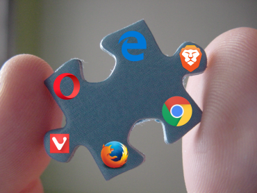 Main logo of the article. A puzzle piece, symbolizing an extension, with the logo of Edge, Brave, Chrome, Firefox, Vivaldi and Opera on it