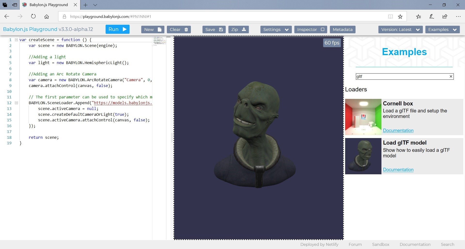 Using the search box in the Babylon.js Playground to find samples & documentations. Here on gltf to know how to load a gltf model.