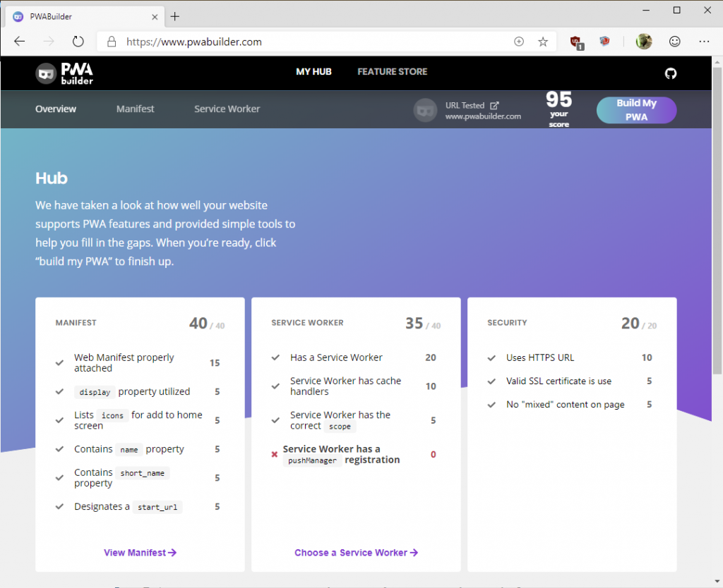 Screenshot of PWA Builder inspecting the www.pwabuilder.com site to provide a score and remaining tasks to do to improve the PWA