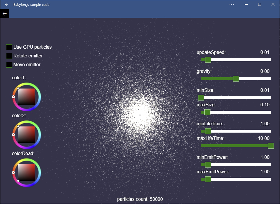 Screenshot of the Babylon.js particles demo