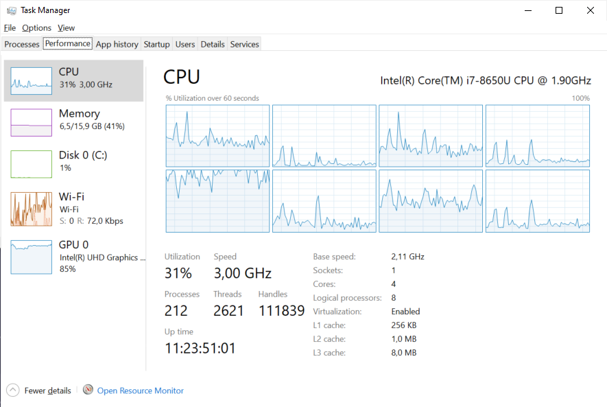 Screenshot of the task manager on Windows 10 to check the CPU & GPU usage