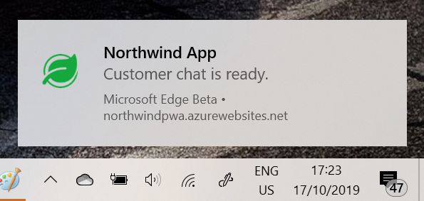 Screenshot of the notification being displayed on Windows 10 from the PWA