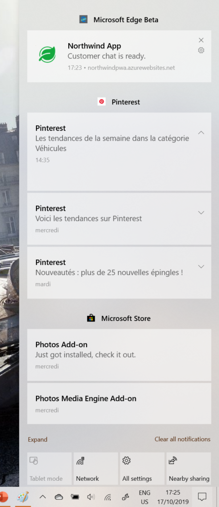 Screenshot of the notification center of Windows 10