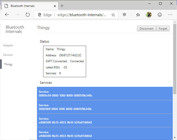 Screenshot of the edge://bluetooth-internals page