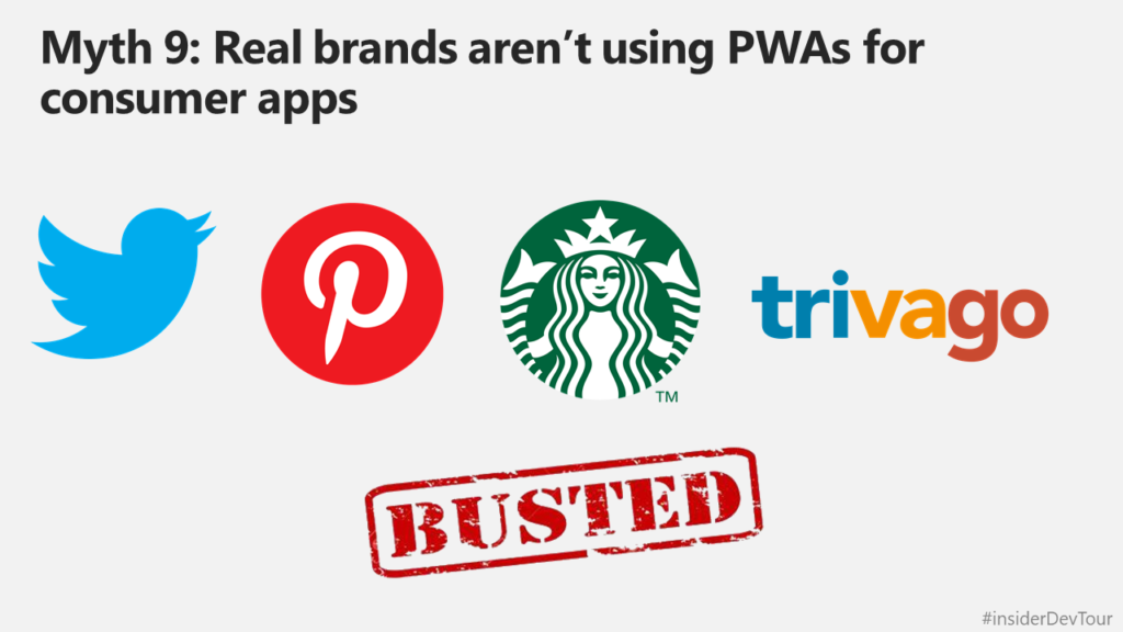 Slide showing Twitter, Pinterest, Starbucks and Trivago as important well-known brands using PWA