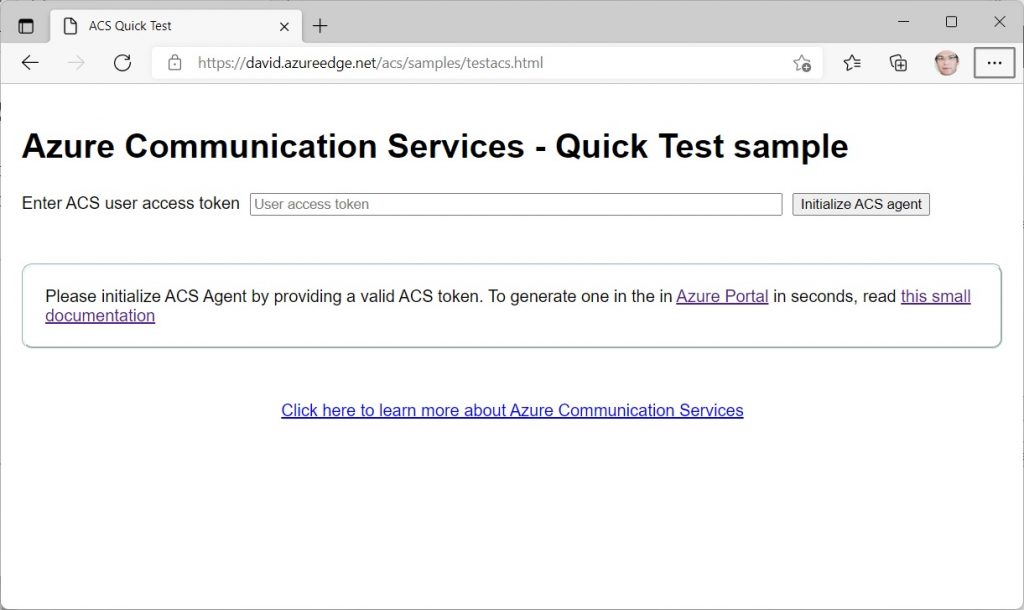 Screenshot of the https://aka.ms/acsquicktest page made to quickly test the audio/video feature of Azure Communication Services