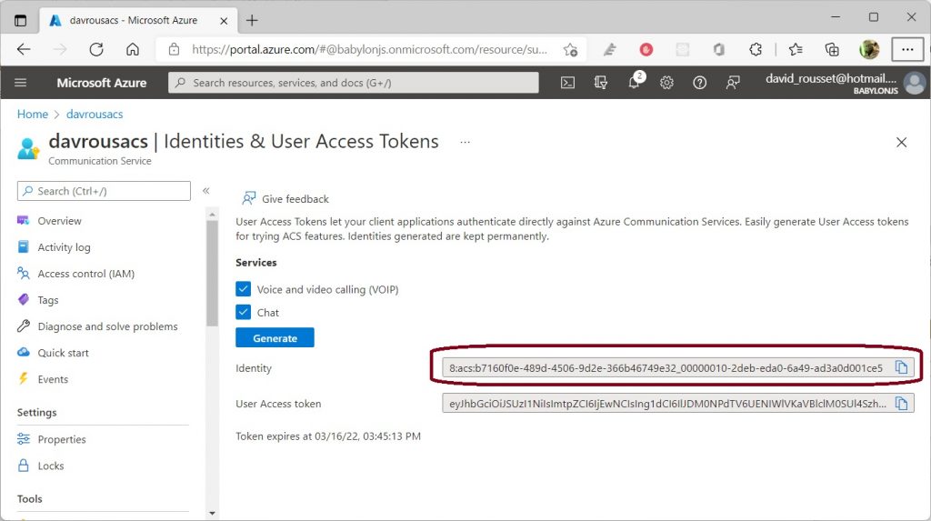 Screenshot of the Azure Portal under the Azure Communication Services blade / Identities & User Access Token to show where to grab the ACS Identity